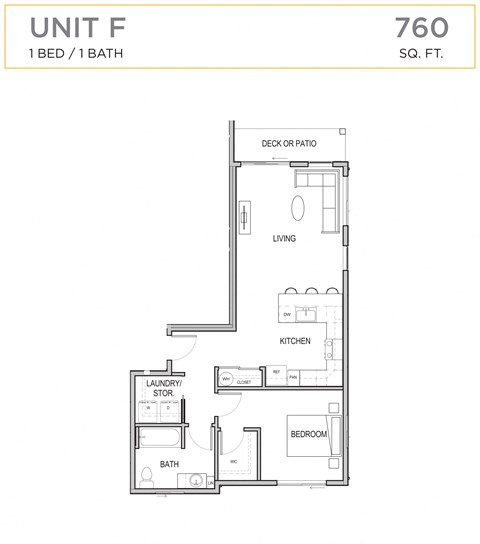 Floor plan for 1 bed, 1 bath, 760 sqft